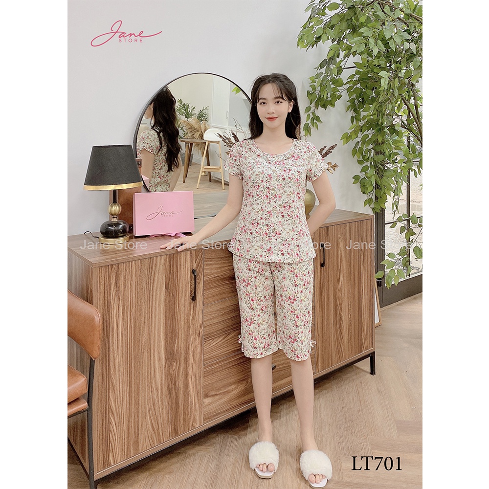 Đồ bộ mặc nhà chất thô mềm thoải mái, đồ ngủ thiết kế cổ bèo quần lửng họa tiết hoa nhí nhẹ nhàng JANE mã LT70