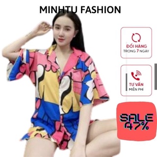 Đồ nữ pijama ⚡freeship⚡ đồ bộ lụa áo cánh dơi quần đùi họa tiết lập thể chất lụa mango mịn mát form rộng thoải mái.
