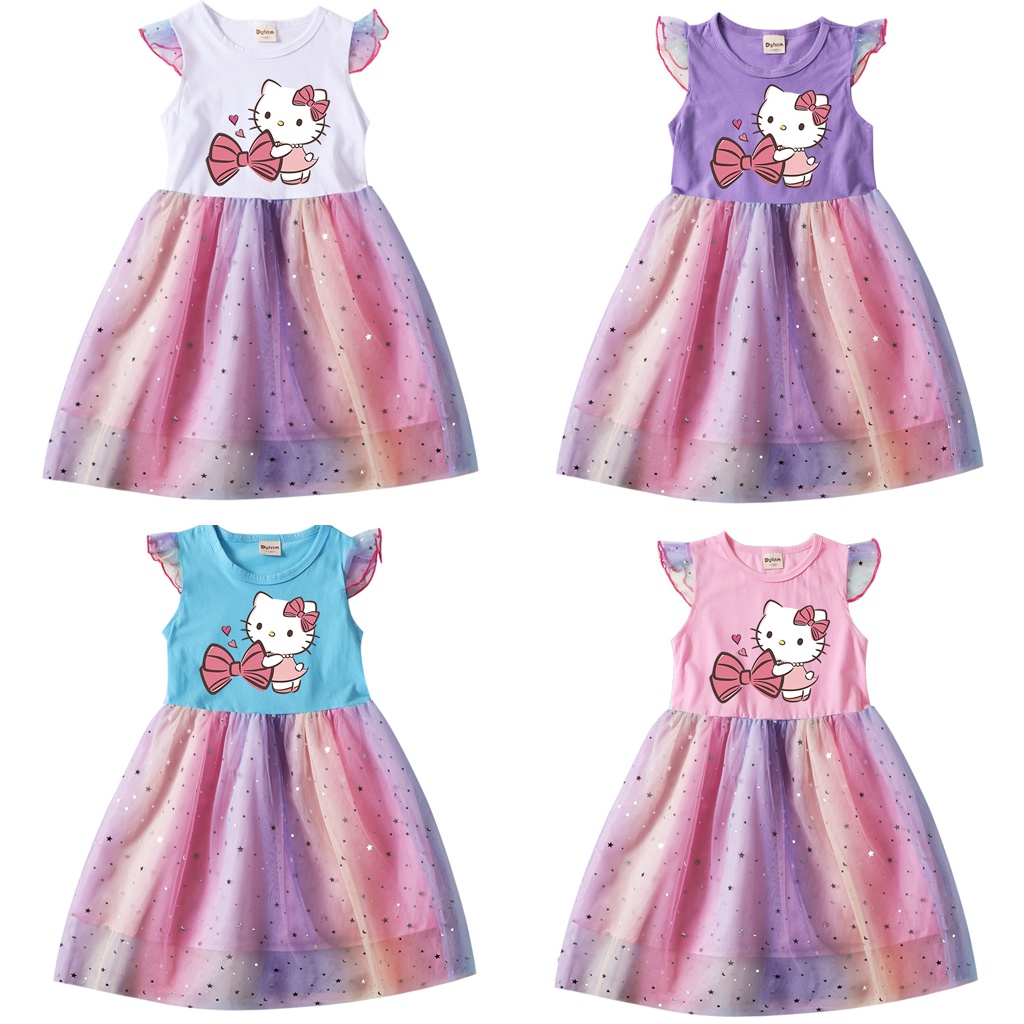Mới Đầm Tay Ngắn Hình Hello Kitty Màu Cầu Vồng Cho Bé Gái