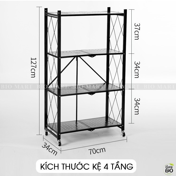 Kệ đa năng gập gọn thông minh 4 tầng để đồ nhà bếp bằng thép carbon không gỉ kèm bánh xe tiện lợi - Q078B