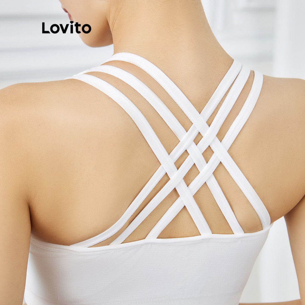 Áo ngực thể thao Lovito dây đan chéo phía sau liền mảnh màu trơn hỗ trợ trung bình tập yoga cho nữ L15X187 (Đen/ Trắng)