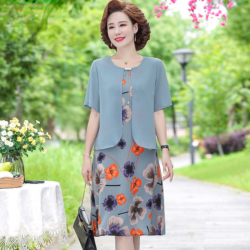 Đầm chiffon Dài Qua Gối Thời Trang Mùa Hè Cho Phụ Nữ Trung Niên