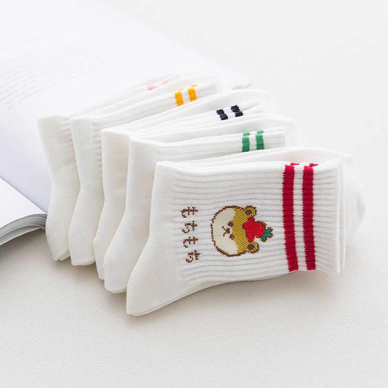 Set 5 đôi tất cổ cao Bivota vớ nữ trắng hàn quốc cún con đáng yêu T39