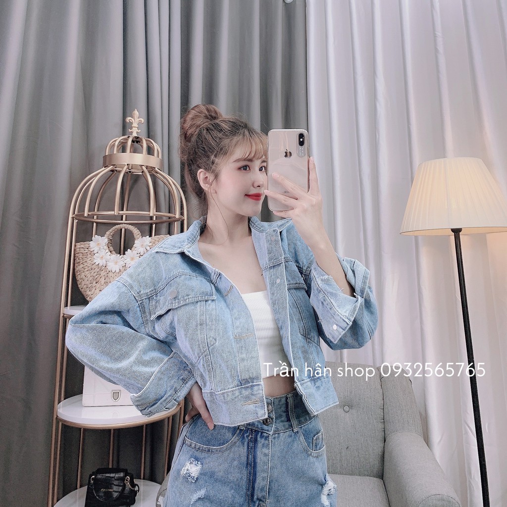 Áo khoác jean nữ dáng croptop túi hai bên uzllang 🍓 2002843🍓