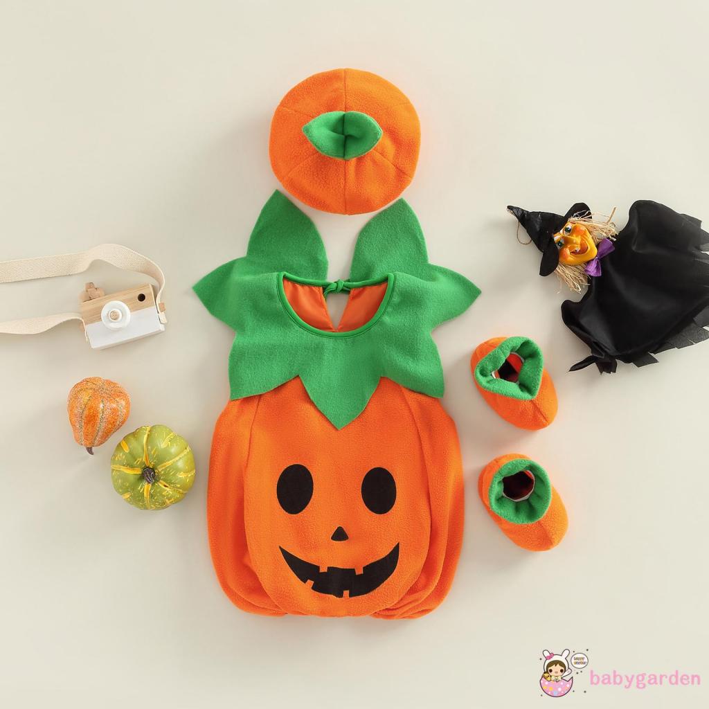 Set Áo Liền Quần + Mũ + Giày Hình Bí Ngô Dễ Thương Cho Bé