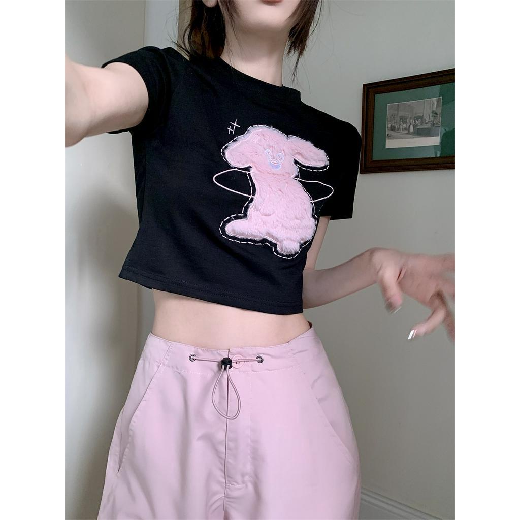 Áo Thun Ngắn Tay Dáng Rộng Thêu Hình Thỏ Nhồi Bông Phong Cách Thời Trang Dành Cho Nữ