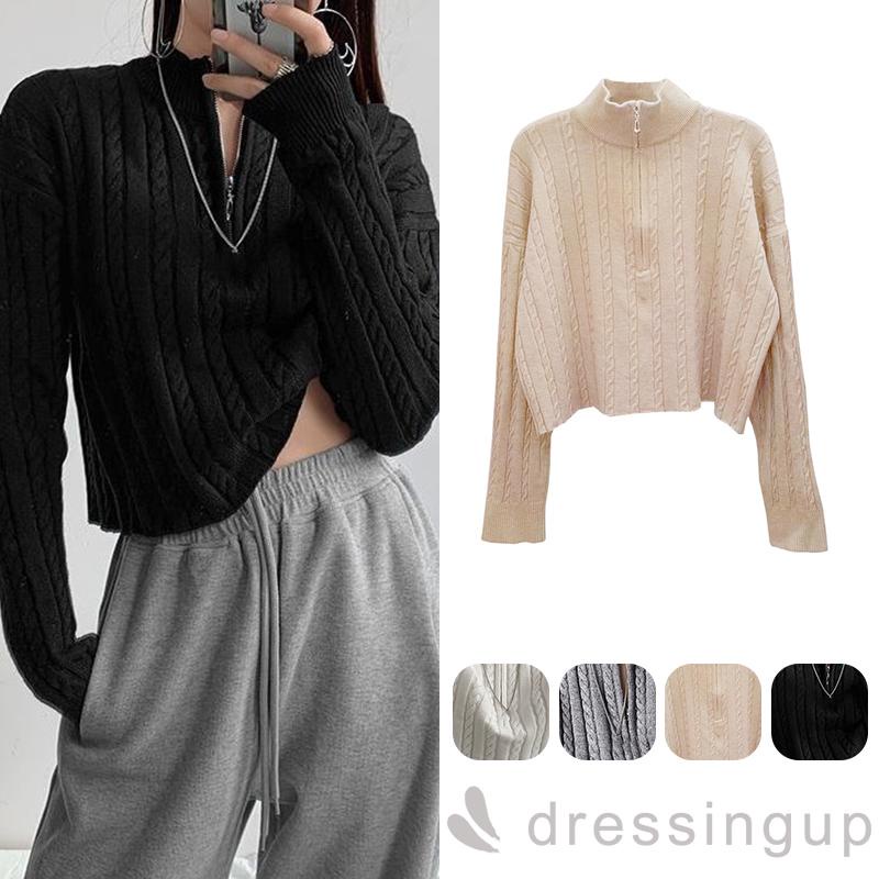 Áo Len Tay Dài Cổ Cao Màu Trơn Có Khóa Kéo Thời Trang Cho Nữ