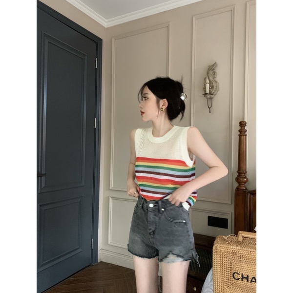 Áo Dệt Kim Sát Nách Dáng Rộng Họa Tiết Kẻ Sọc Thời Trang Mùa Hè Cho Nữ