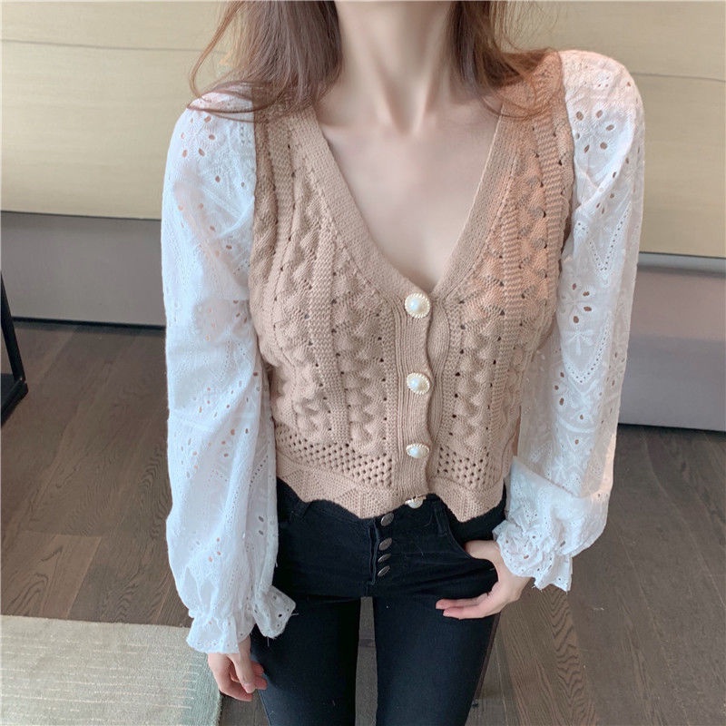 Áo dệt kim tay dài cổ v thiết kế dáng rộng phong cách Hàn Quốc mới