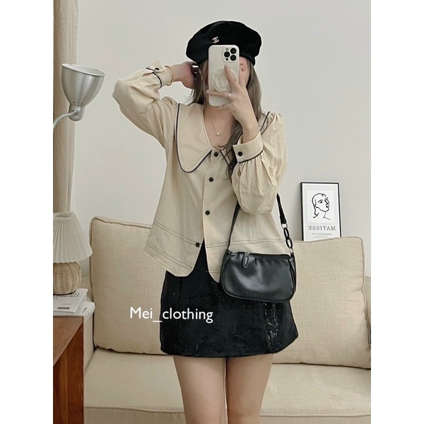 Áo Sơmi Nữ Cổ Sen Viền Chỉ Ulzzang