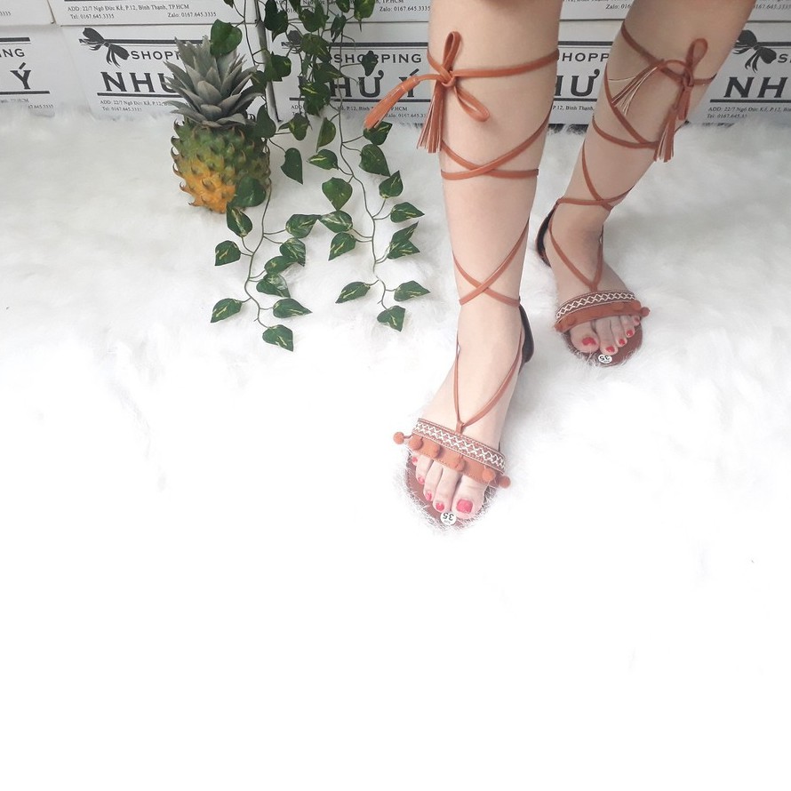 Giày sandal chiến binh thổ cẩm cột dây tua rua - Boho Vintage Style