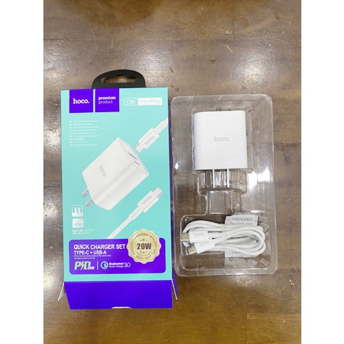 Bộ Sạc Nhanh Android PD20W + QC3.0 Hoco C80 Chính Hãng 2 Cổng Ra USB Và Type C Kèm Cáp Type C To Type C 3A 1M