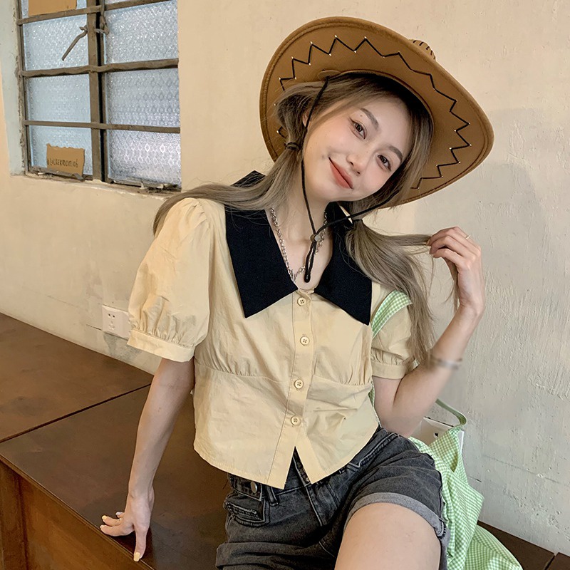 Áo Thun Crop Top Tay Ngắn Phồng Một Hàng Nút Cổ Bẻ Màu Sắc Ngọt Ngào Phong Cách Hàn Quốc Cho Nữ