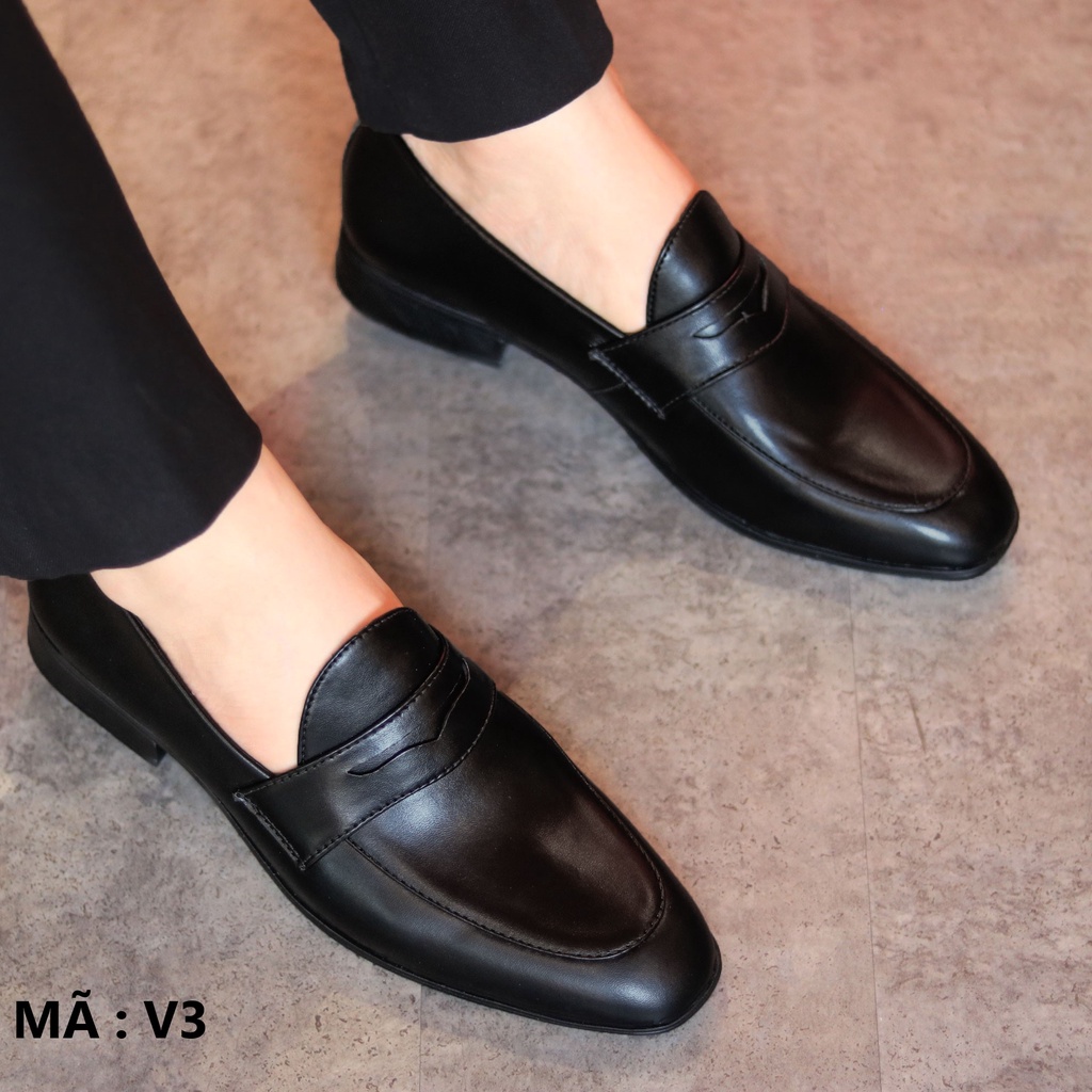 Giày Lười Nam Da Mềm Đế Khâu mã V3  - Giày Nam Công Sở Màu Đen Đế Cao 3cm - Giày Nam Giá Rẻ