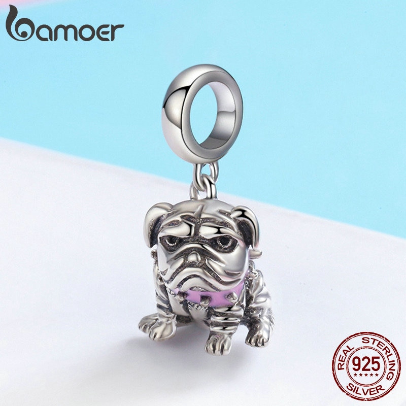 Mặt dây chuyền Bamoer hình chú chó bulldog mạ bạc 925 tự làm đồ trang sức