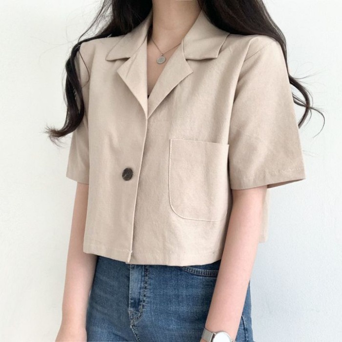 Áo khoác Blazer nữ 1 cúc Tay ngắn Thiết kế Hàn Quốc Blazer khoác lửng nữ Dáng ngắn Phong cách Retro Vintage Thời trang | BigBuy360 - bigbuy360.vn