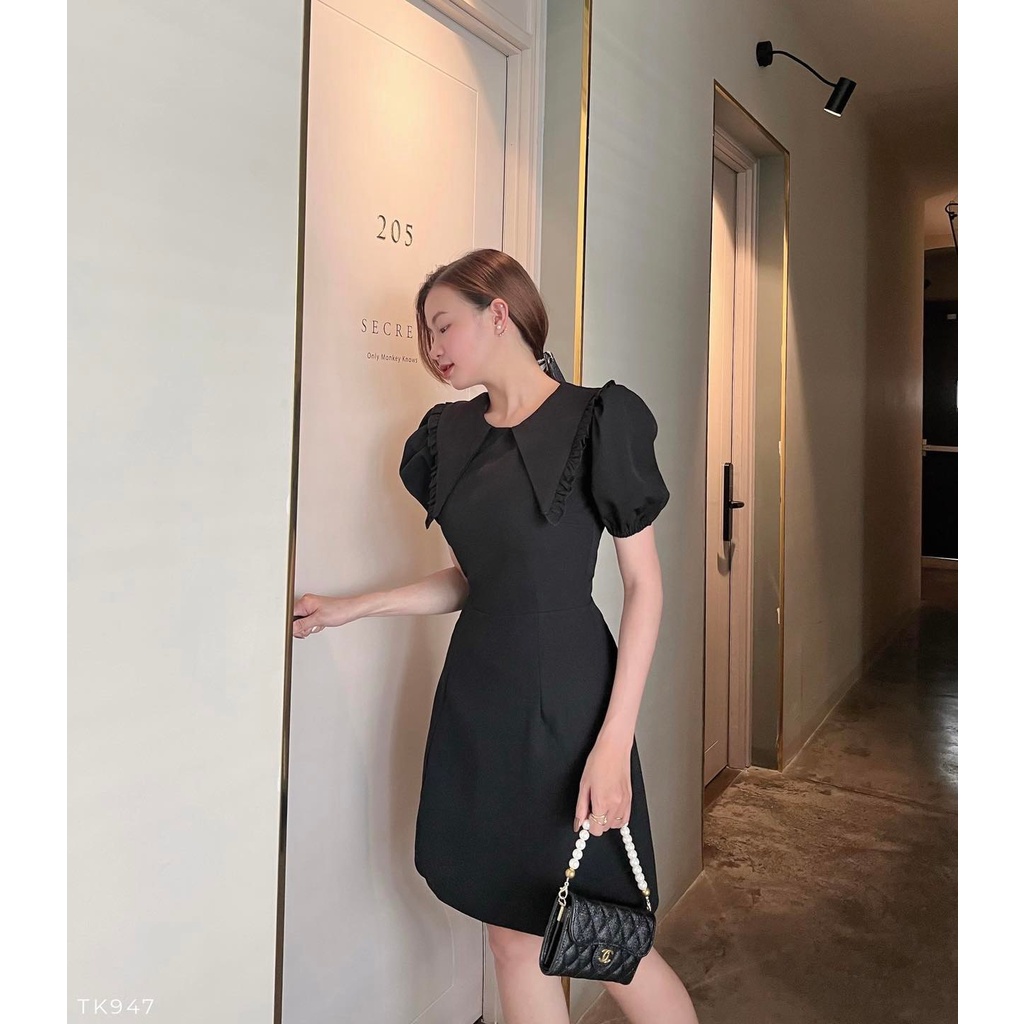 [HÀNG THIẾT KẾ CAO CẤP] Đầm Xòe Tay Phồng Cổ Viền Bèo Công Sở / Đi Tiệc Sang Trọng Màu  Đen