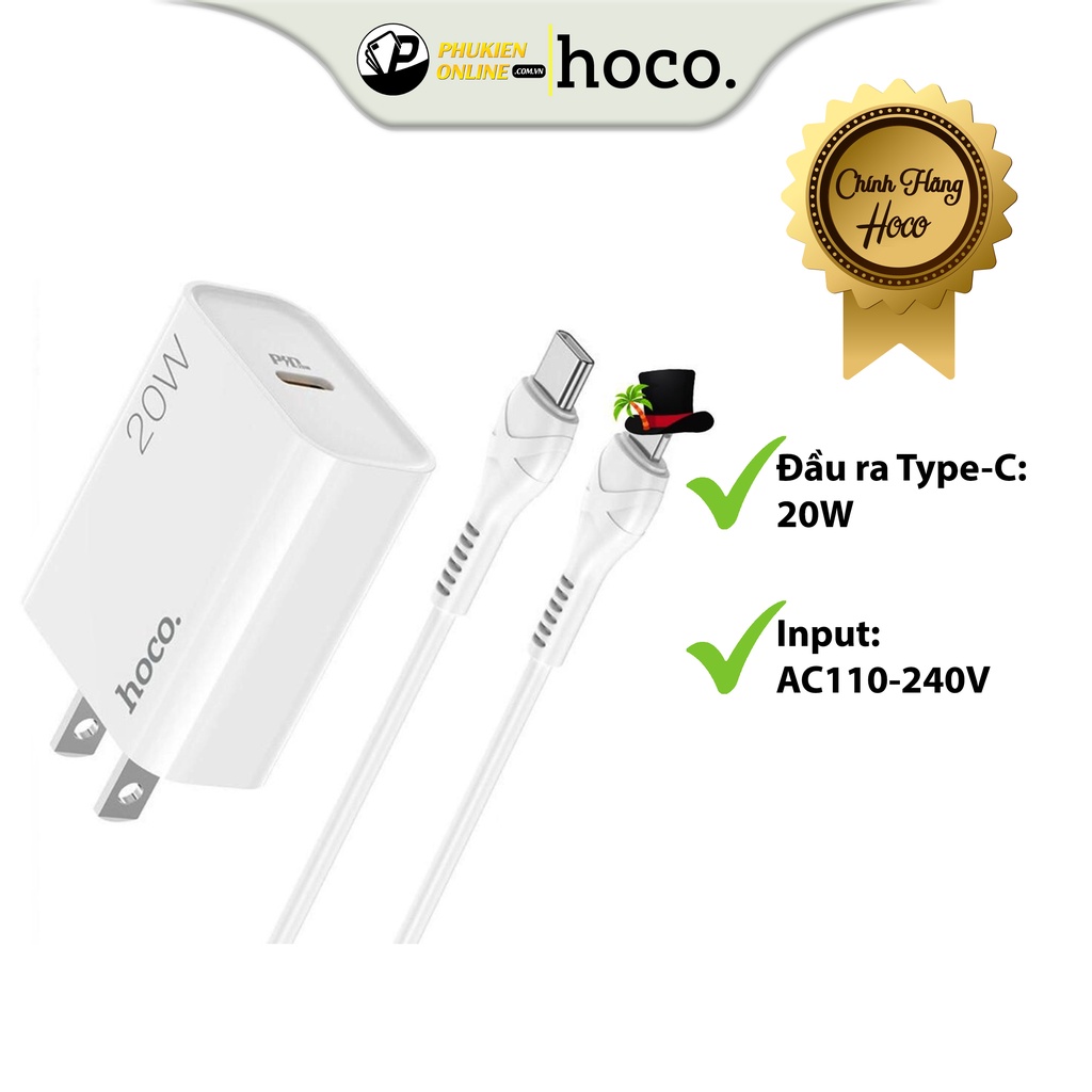 Bộ Sạc Hoco HK29 PD20W, Bộ Sạc Nhanh Type C To IP, Lõi Đồng Cao Cấp, Chất Liệu ABS + PC Chống Cháy Nổ.