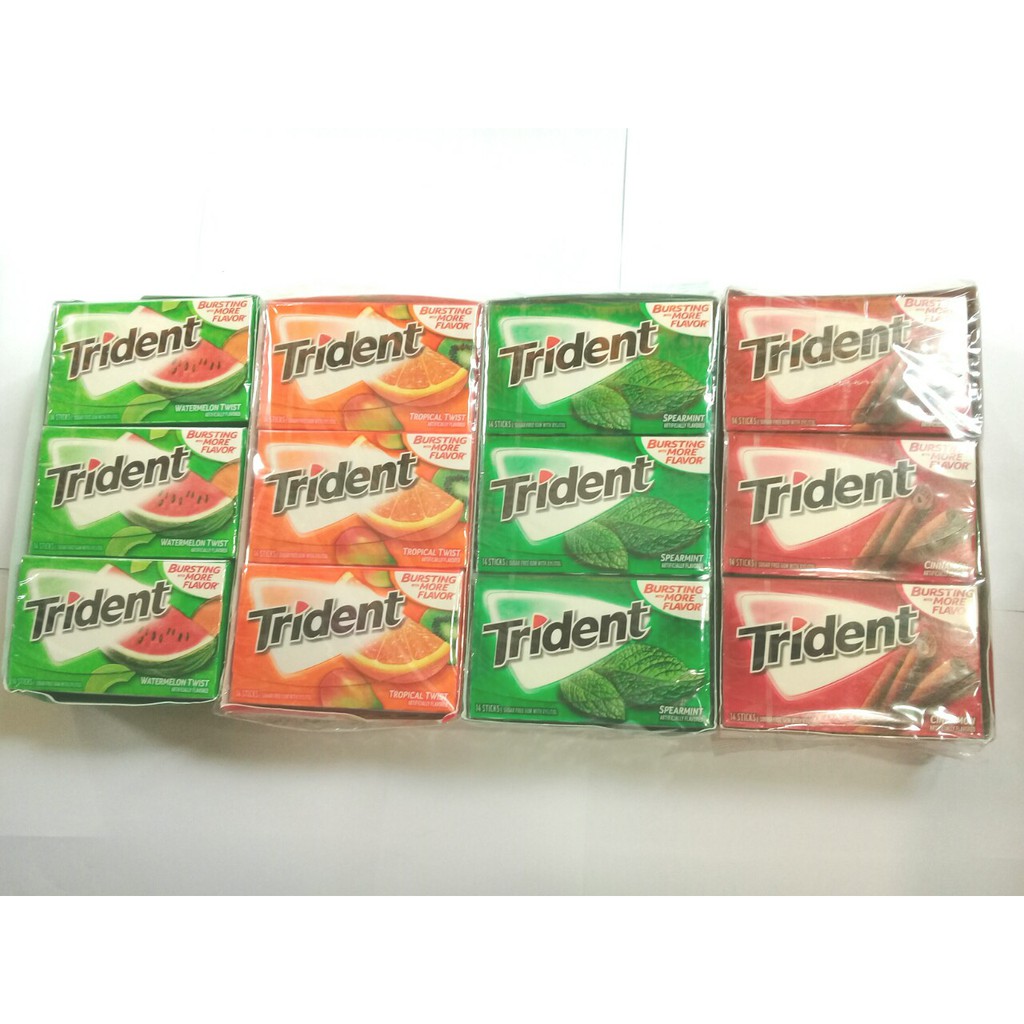 1hộp 12 vỉ kẹo cao su không đường Trident hàng  Mỹ có 4 vị.