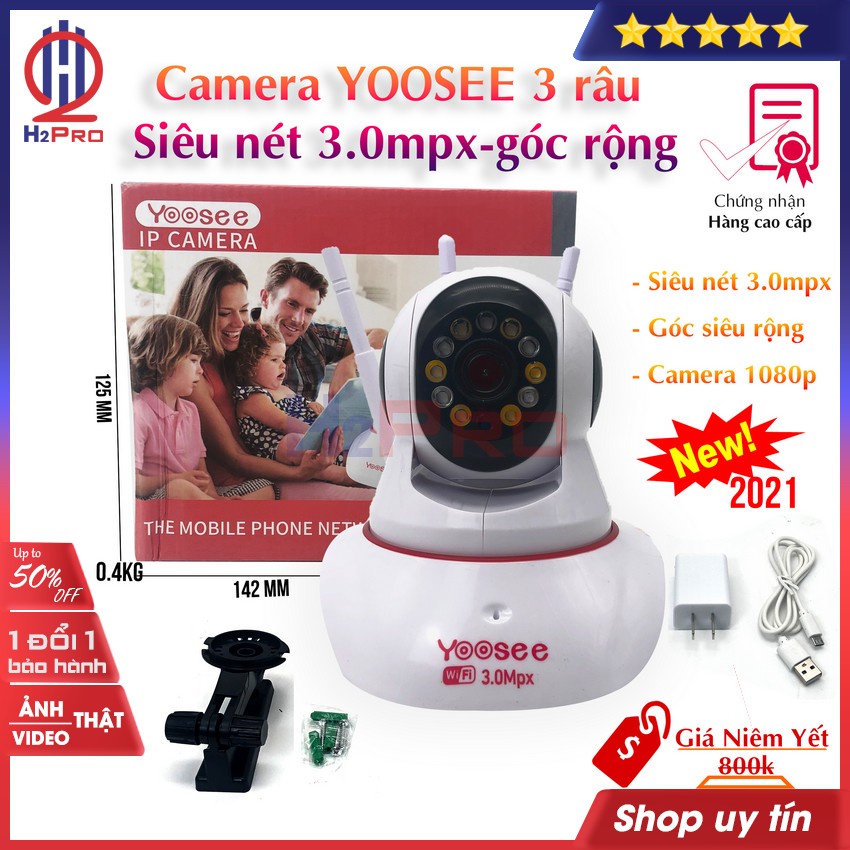 Camera yoosee 3 râu H2Pro 2021 siêu nét 3.0mpx, góc rộng, camera yoosee 1080p 3 râu 2021 cao cấp giá rẻ