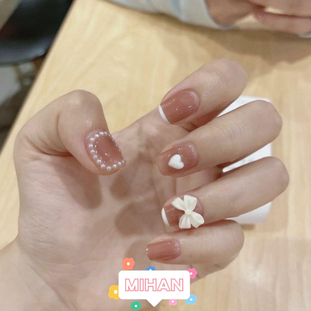 MIHAN1 24pcs/Box Press On Nails Short Round/Square Head False Nails Artificial Fake Nails Wearable Detachable Manicure Tool Full Cover Heart Bow Nail Tips