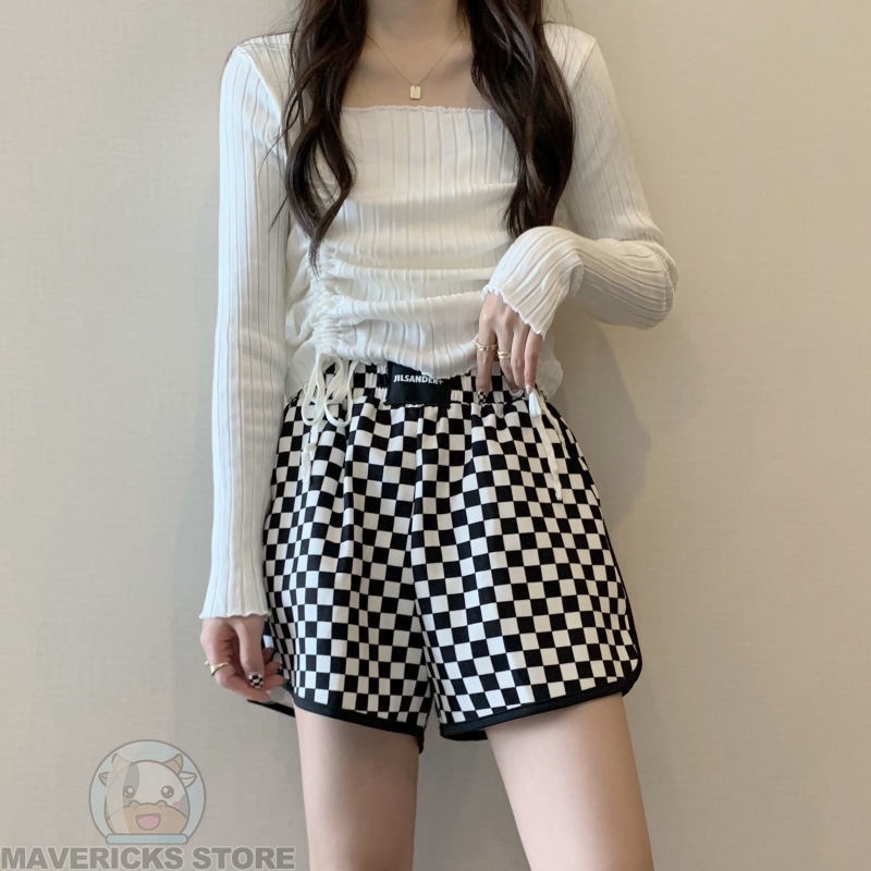 Quần Short Thể Thao Lưng Cao Họa Tiết Kẻ Ô Trắng Đen Thời Trang Mùa Hè Cho Nữ