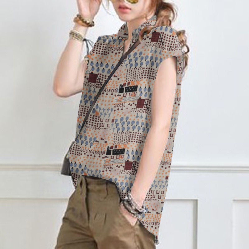 Áo sơ mi ZANZEA tay ngắn in họa tiết vintage thời trang dành cho nữ