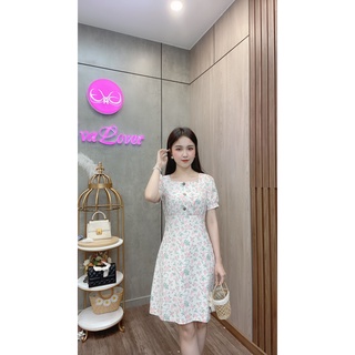 Váy dáng a cổ vuông cúc gỗ thô lụa cao cấp
