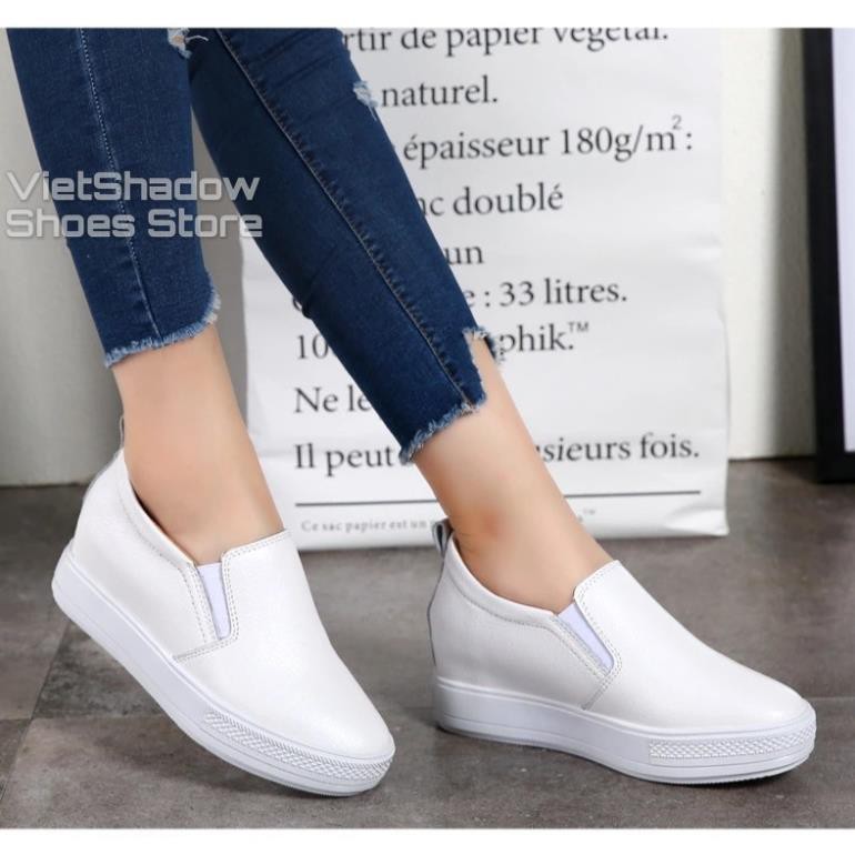 Slip on da nữ đế xuồng - Giày lười da nữ độn đế - Chất liệu da bò màu (trắng) và (đen) - Mã SP: 9909 -h91