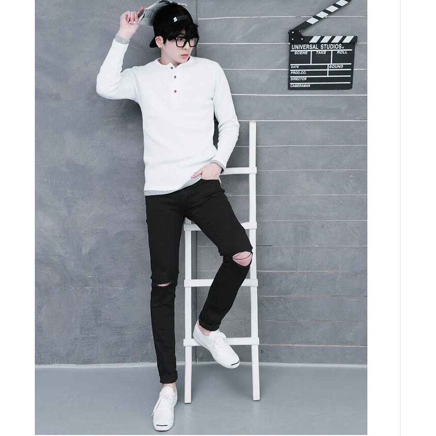 Quần jean mỏng phù hợp với màu đen của Hàn Quốc Nam giới Slim Fit Skinny Jeans Nam Jeans dài Denim Seluar Jeans