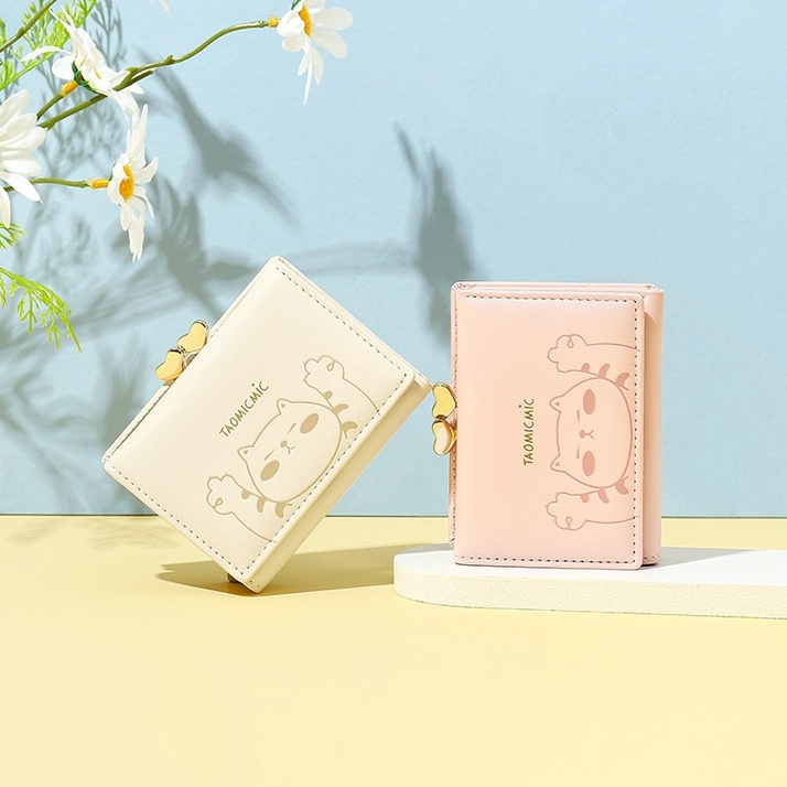 Ví Ngắn Gập Làm Ba Đựng Thẻ In Hình Mèo Đơn Giản Thời Trang Phong Cách Hàn Quốc Cho Nữ