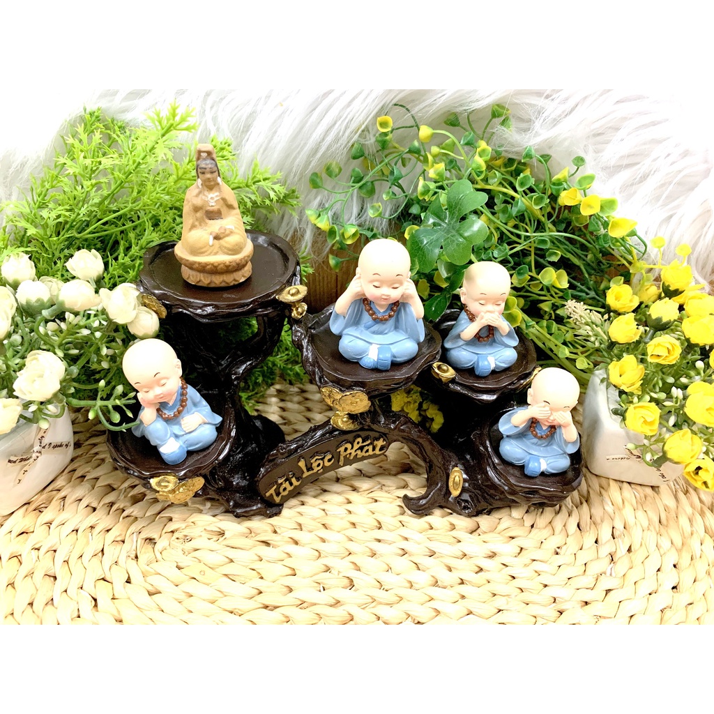 Full Set Quan Âm Bồ Tát và các Chú Tiểu tọa đế Tài Lộc Phát (Hình Thật)