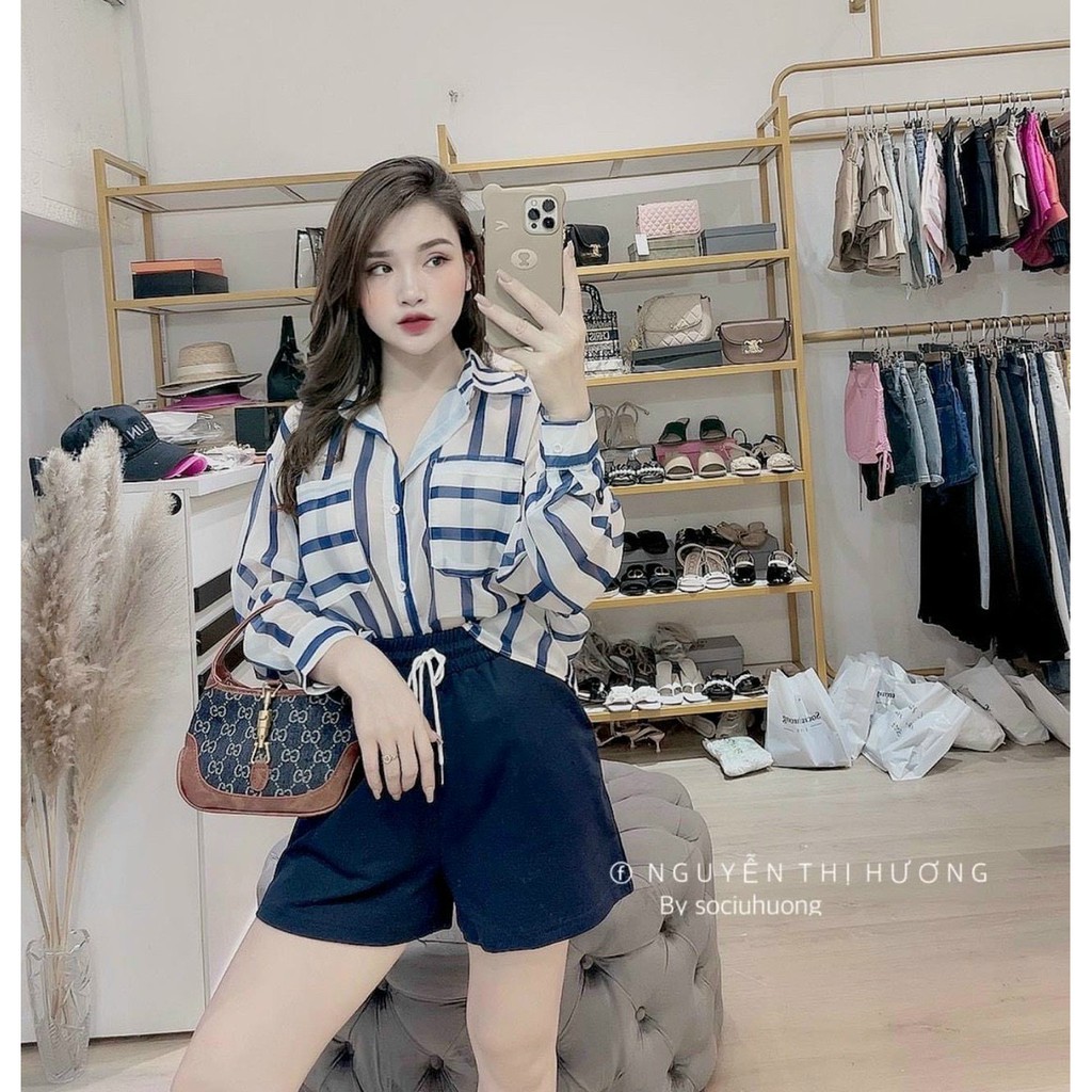 BÁN SỈ ÁO SƠ MI SỌC KẺ TẰM ĐÁP TÚI CHO NỮ .