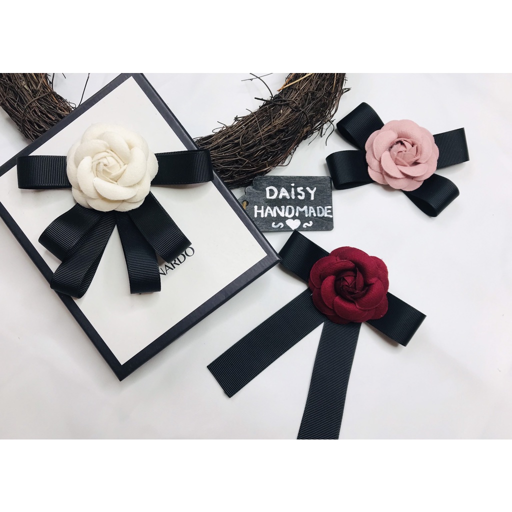 Cài áo hoa trà , tag cài nơ hoa handmade cao cấp ib chọn màu hoa