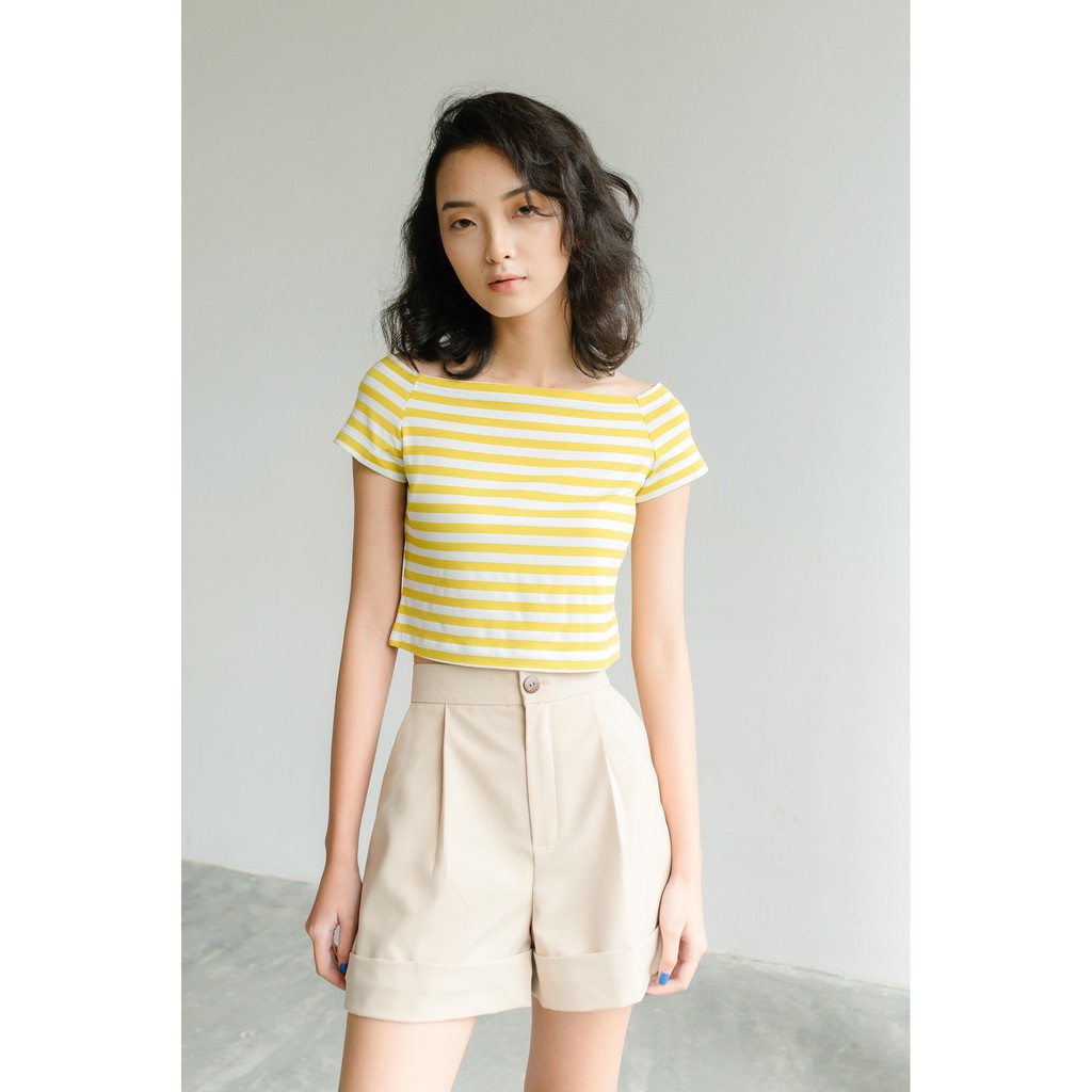 Áo phông nữ MADALEN dáng croptop trễ vai kẻ chất cotton co giãn