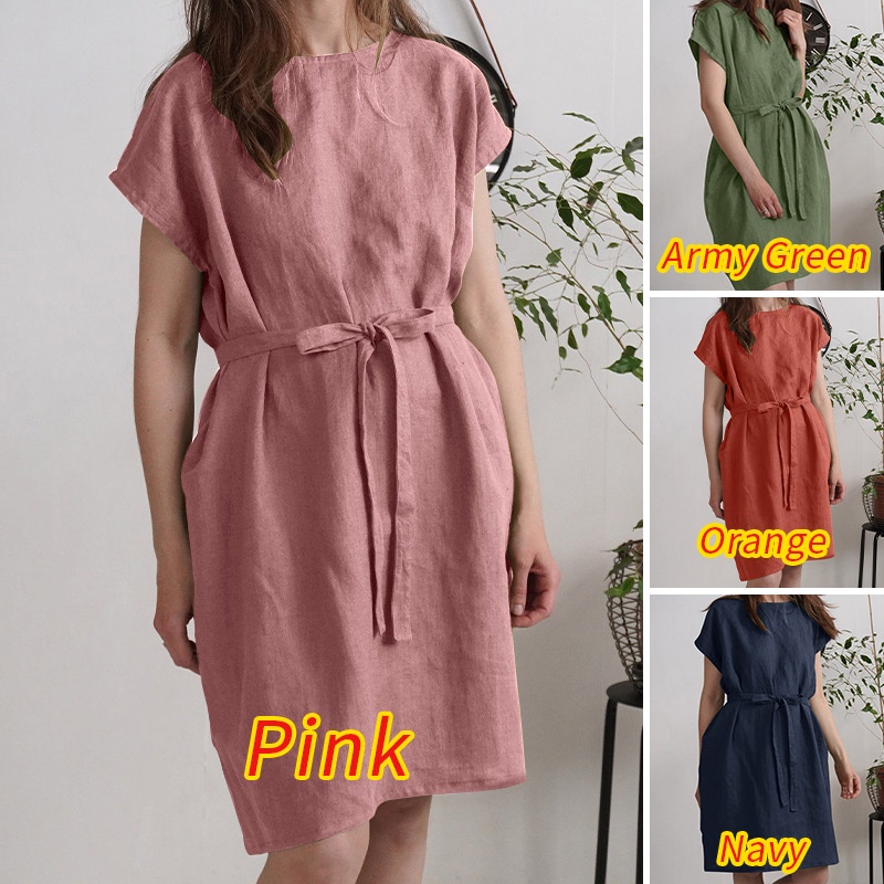 Zanzea Đầm Midi Tay Ngắn Dáng Rộng Màu Trơn Có Túi Tháo Rời Được Phong Cách Châu Âu Thời Trang