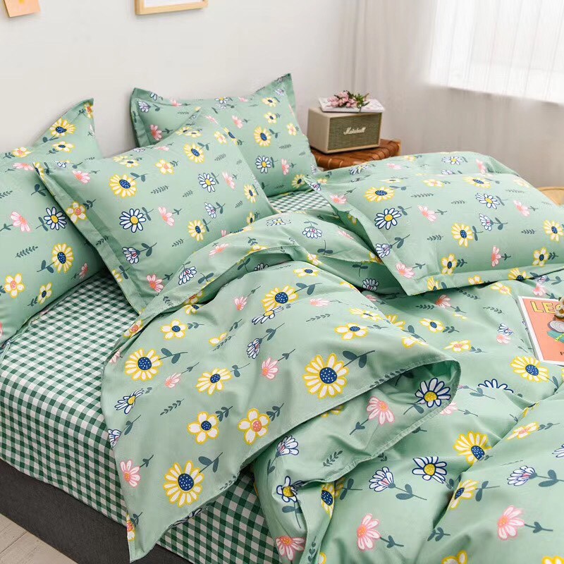 Bộ chăn ga gối cotton poly Lidaco decor phòng ngủ vintage - Hướng Dương Xanh SP001130