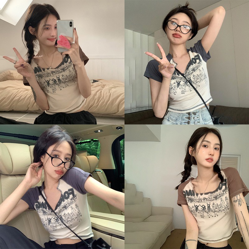 Áo Thun Lửng Ngắn Tay Cổ Chữ U In Họa Tiết Retro Thời Trang Cho Nữ