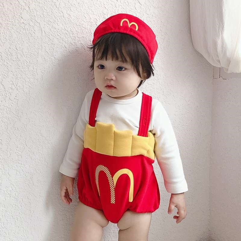 Bộ trang phục họa tiết Mcdonald có áo liền quần/ đôi vớ/ nón dễ thương cho trẻ em