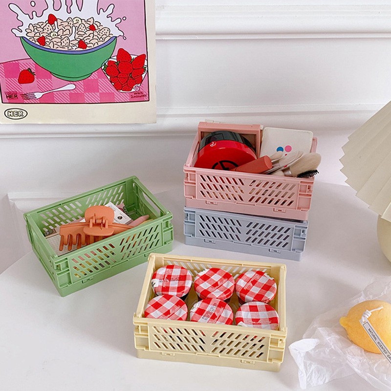 Mini Folding Plastic Storage Box Student Desktop Organizing Handbook Tape Stationery Skin Care Storage Basket My living