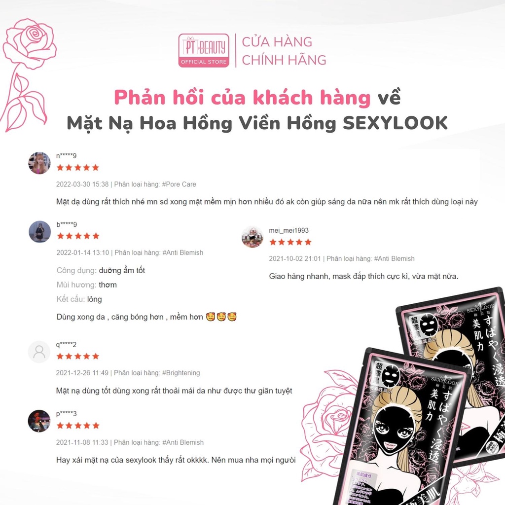 Mặt nạ hoa hồng viền hồng SEXYLOOK Intensive Whitening Black Mask thải độc, dưỡng ẩm hộp 5 miếng x 28ml