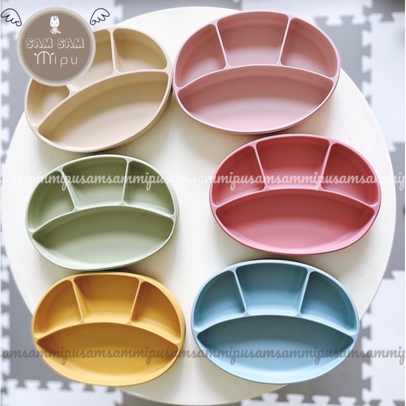 Ảnh thật khay ăn dặm silicon cao cấp Oval 4 ngăn màu Pastel có đế hít chống đổ, Không Chứa BPA  - Shop Mẹ Sam