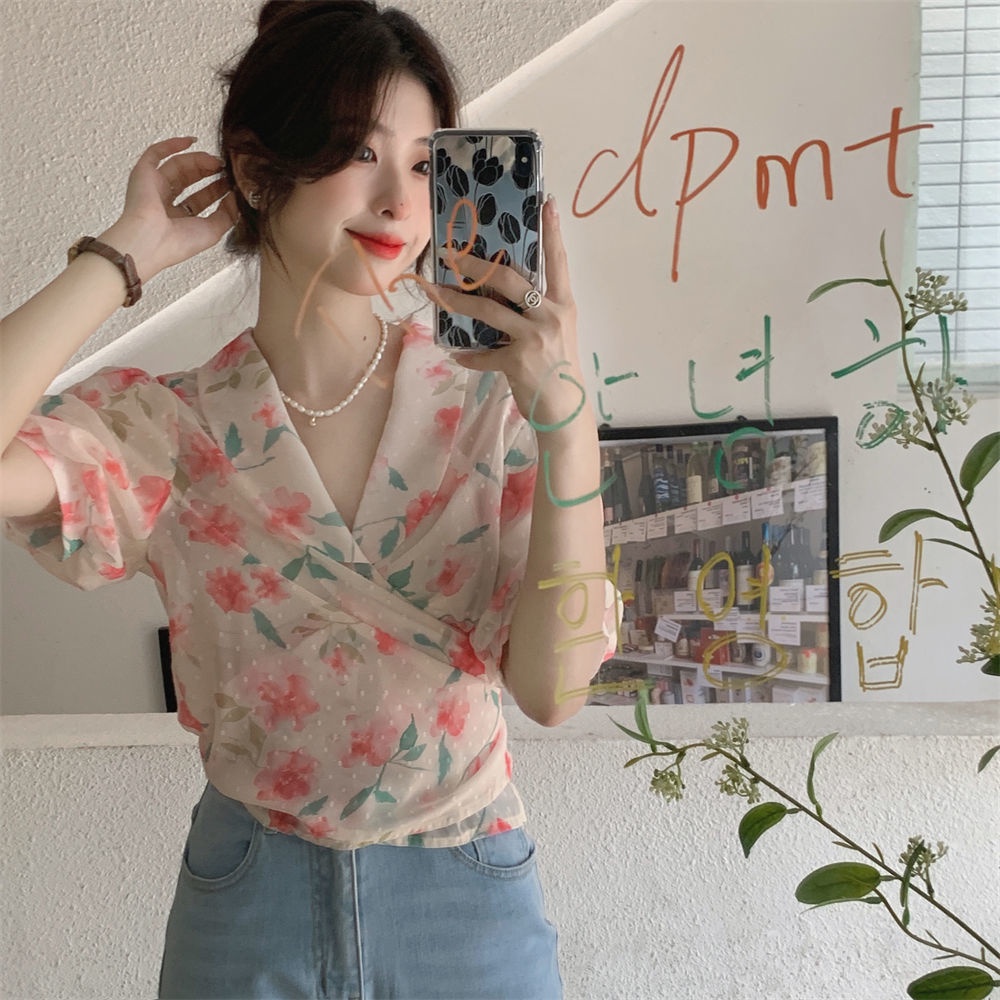 Áo Hoa Tay Ngắn Thắt Nút Chéo Phong Cách Hàn Quốc Trẻ Trung