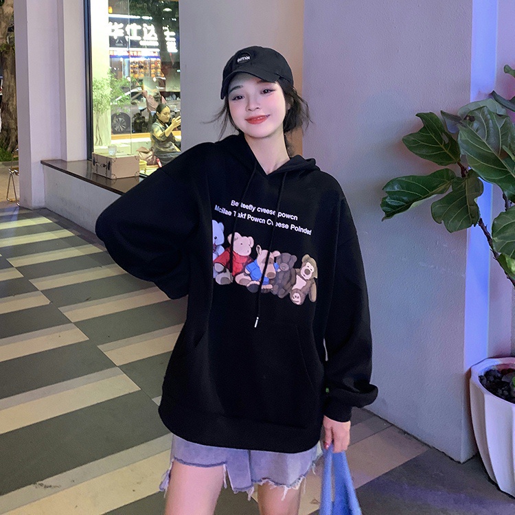 Áo hoodie dài tay dáng rộng in hình giản dị dễ phối đồ thời trang