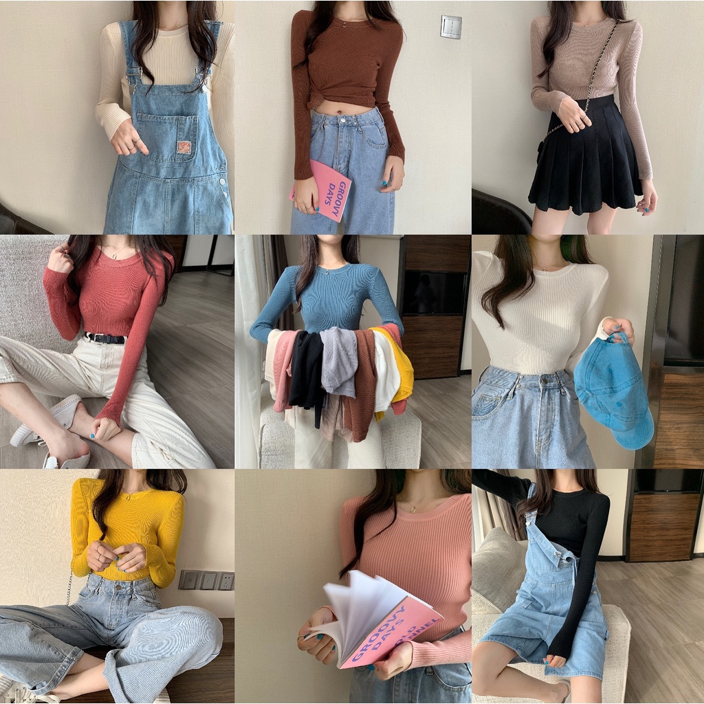 Áo Len Tay Dài Cổ Tròn Màu Sắc Đơn Giản