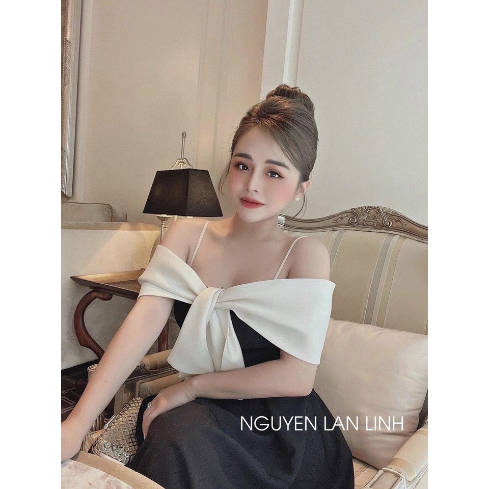Đầm Nữ - Đầm Đi Tiệc - Đầm Tapta 2s Rớt Vai Nơ Ngực Phối Màu - Đầm Thiết Kế Hàng Chuẩn Shop