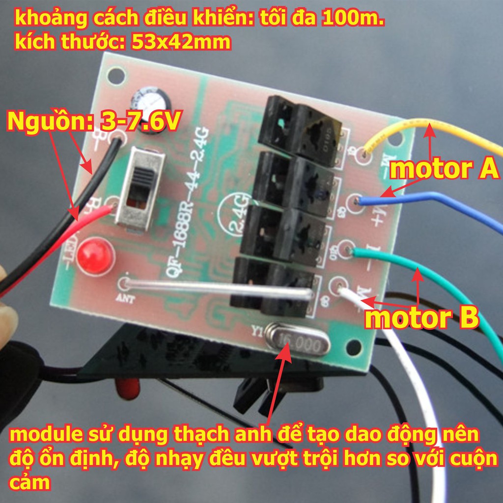 bộ tay phát và mạch thu chế tạo xe, tàu... điều khiển từ xa 2 động cơ (5A) 24Ghz, màu cam/đen kde4963