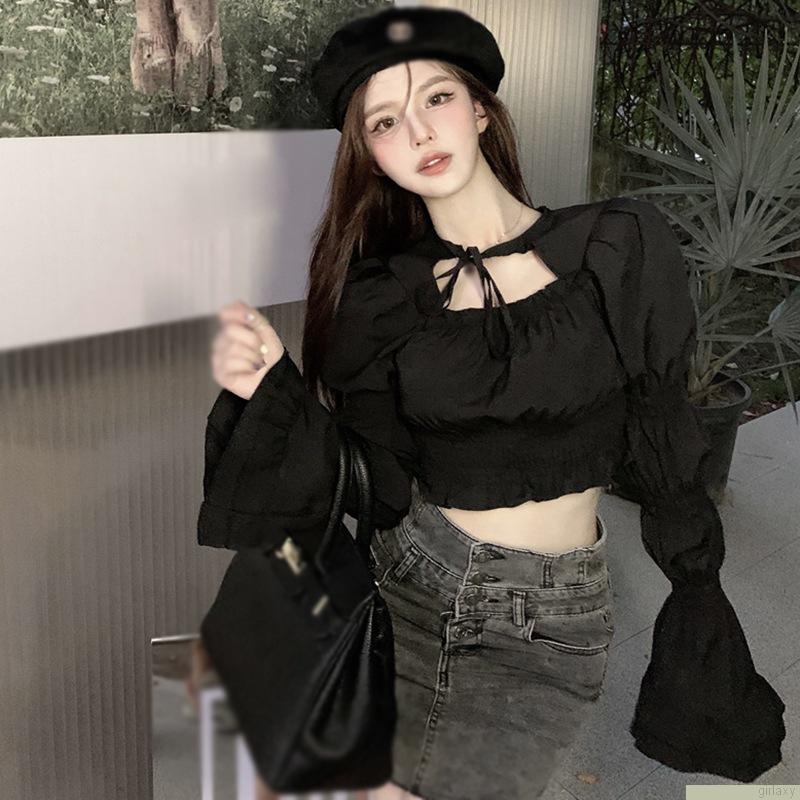 Áo sơ mi tay dài ống loe màu trơn phong cách Hàn Quốc thời trang cho nữ