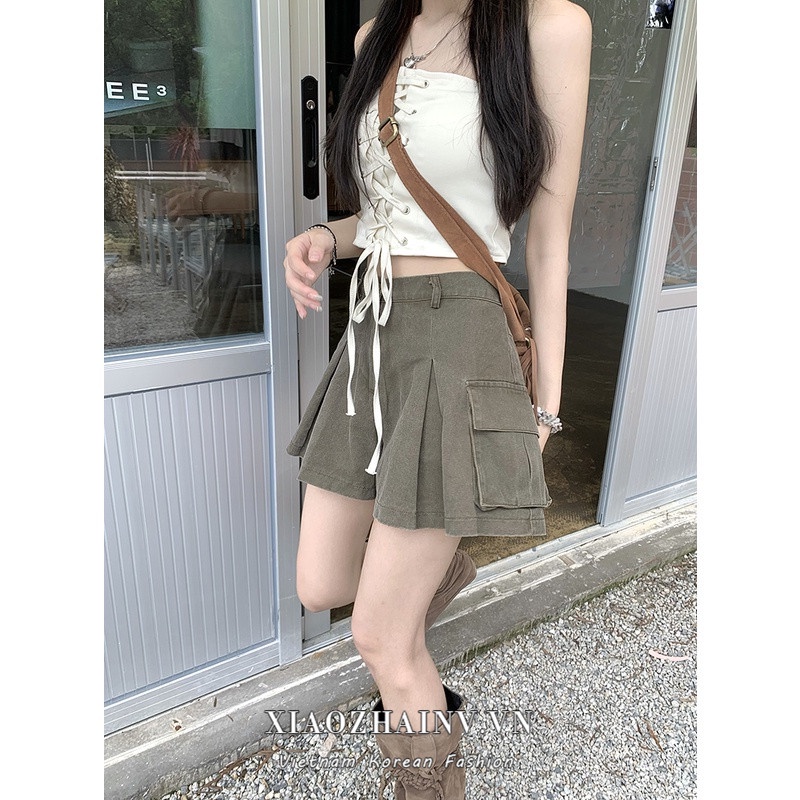 Quần short Xiaozhainv lưng cao ống rộng phong cách cổ điển thời trang mùa hè cho nữ