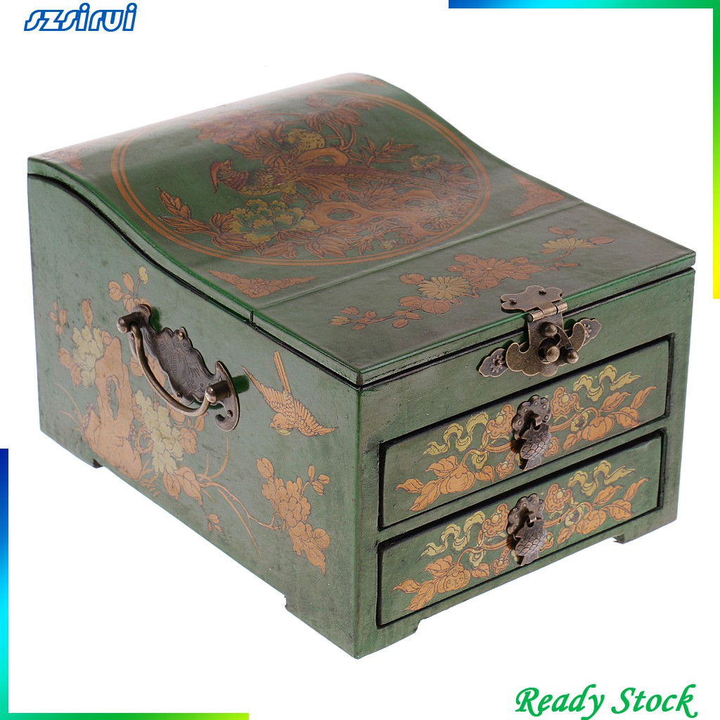 Hộp Đựng Trang Sức Bằng Gỗ 2 Ngăn Kéo 1 Gương Phong Cách Vintage Ốp